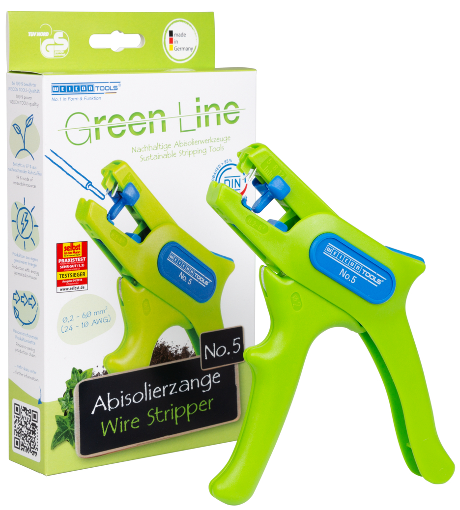 Abisolierzange No. 5 Green Line | Odizolovacie náradie je vyrobené až z 97 % z obnoviteľných surovín pre všetky bežné ohybné a pevné vodiče | Pracovný rozsah 0,2 – 6,0 mm²