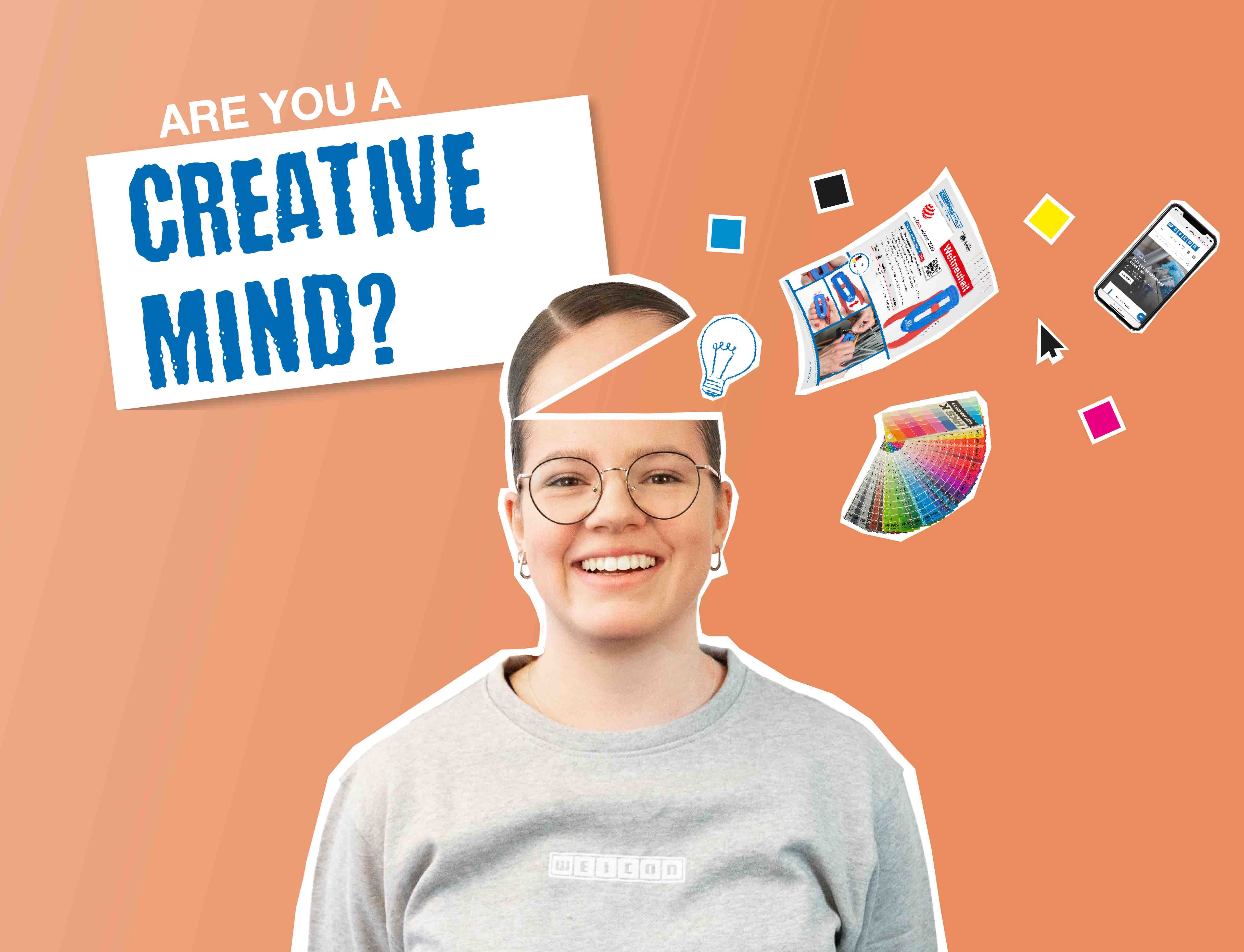 Mlada ženska z odprto glavo, iz katere prihajajo barve, letaki in mobilni telefon