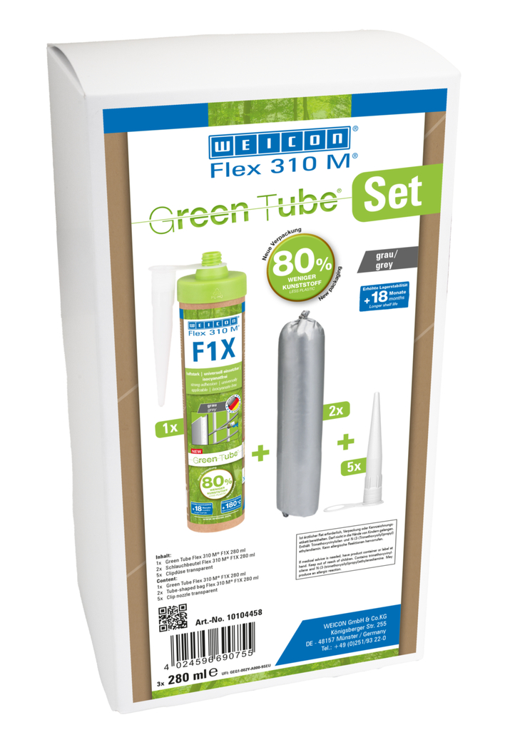 WEICON Green Tube Flex 310 M F1X | Lepidlo a tmel na báze MS-polymérov s veľmi vysokou počiatočnou priľnavosťou, odolné proti teplotám do 180 °C