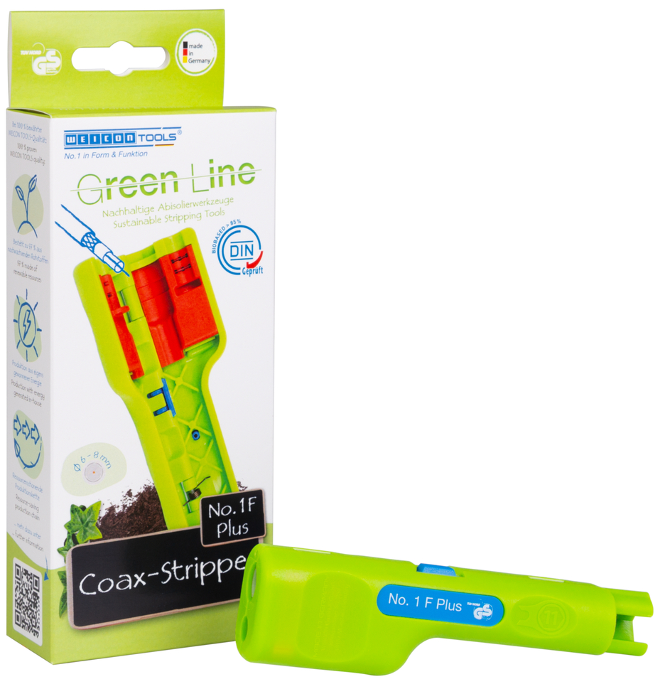 Coax-Stripper No. 1 F Plus Green Line - geeignet für F-Schraubstecker | Odizolovacie náradie je vyrobené až z 97 % z obnoviteľných surovín I na odizolovanie a odizolovanie koaxiálnych káblov vrátane pomôcky na odkrútenie