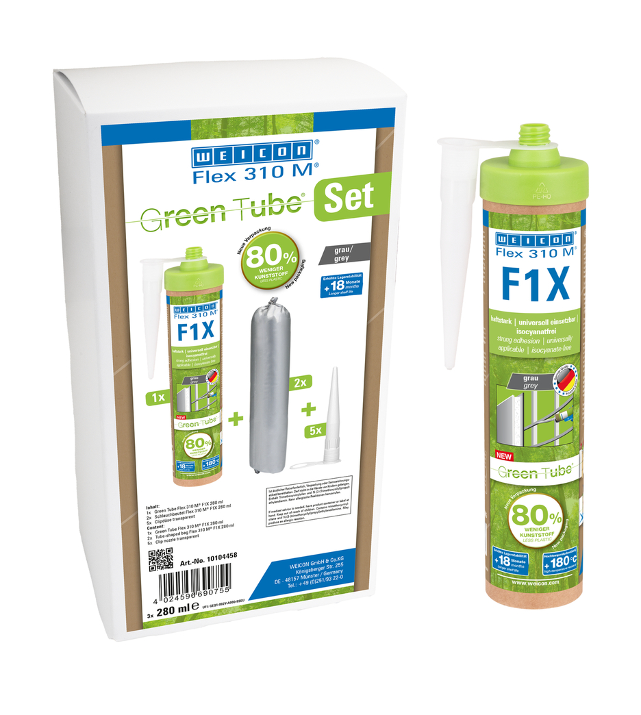 WEICON Green Tube Flex 310 M F1X | Lepidlo a tmel na báze MS-polymérov s veľmi vysokou počiatočnou priľnavosťou, odolné proti teplotám do 180 °C
