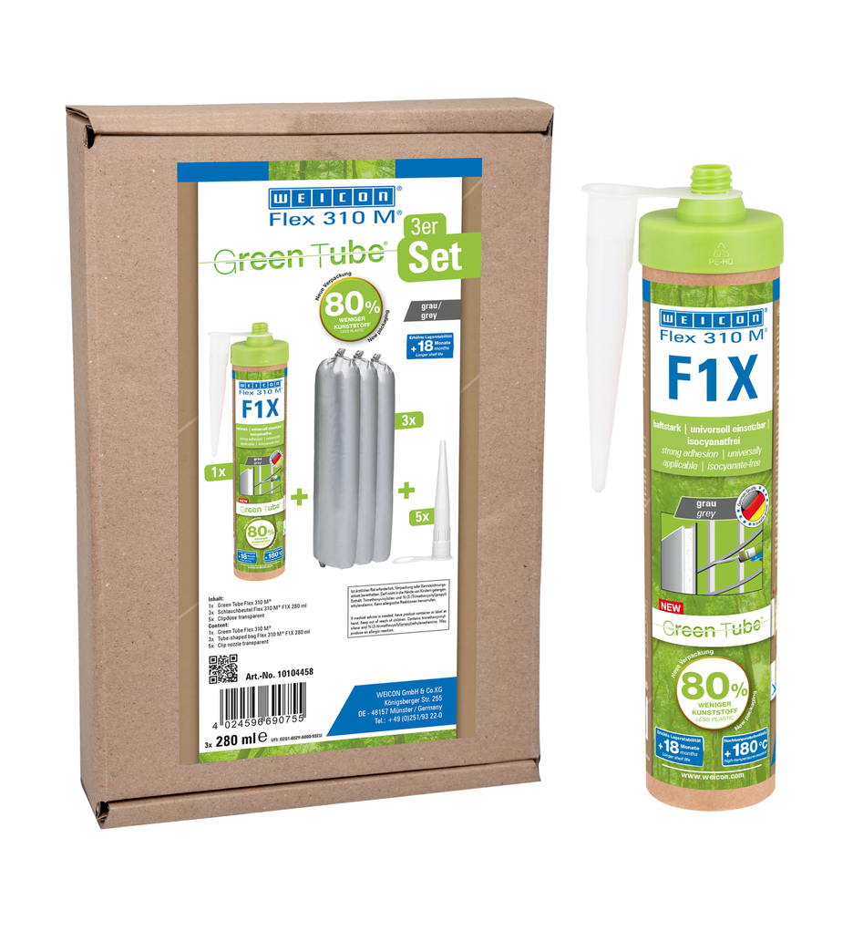 WEICON Green Tube Flex 310 M F1X | Lepidlo a tmel na báze MS-polymérov s veľmi vysokou počiatočnou priľnavosťou, odolné proti teplotám do 180 °C