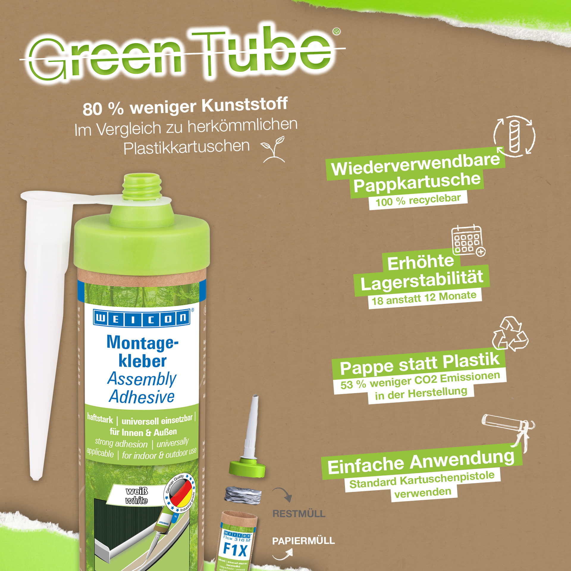 WEICON Green Tube Montážne lepidlo | silné univerzálne lepidlo na vnútorné aj vonkajšie použitie