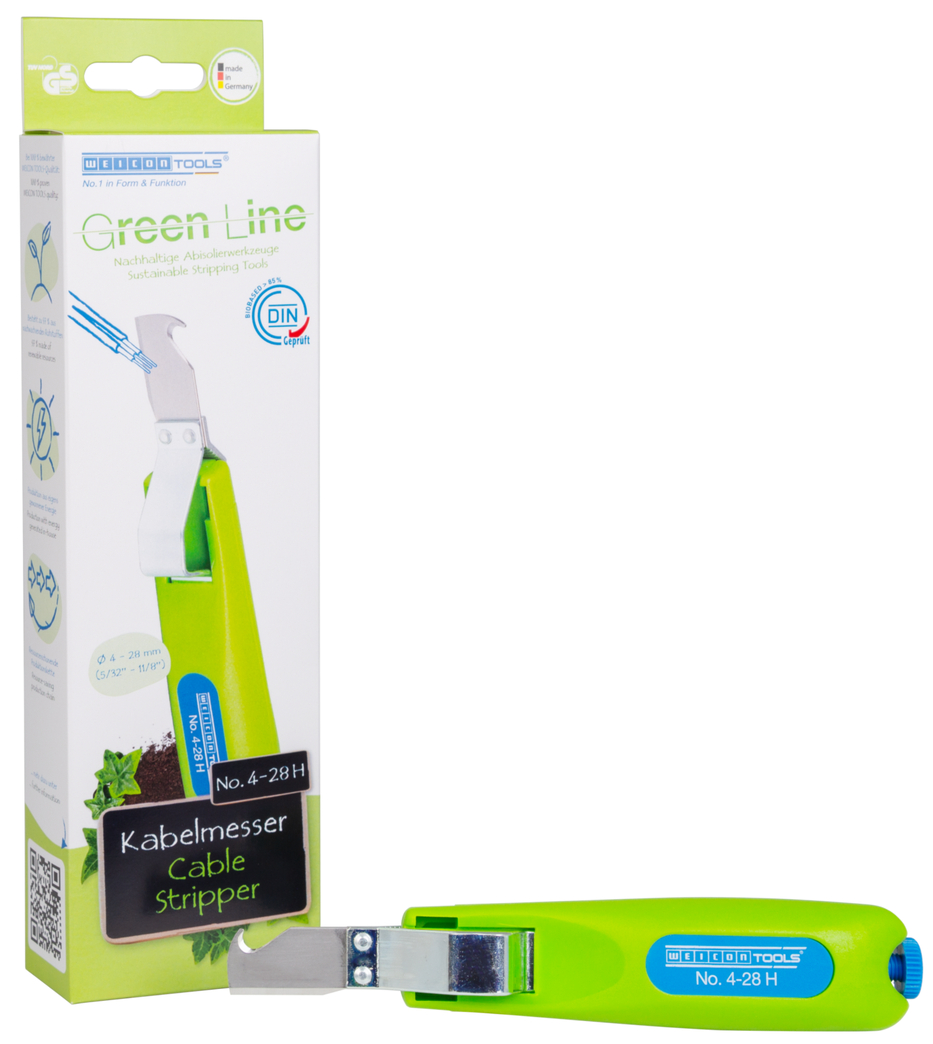 Kabelmesser No. 4-28 H Green Line | udržateľný nástroj na odizolovanie | s hákovou čepeľou a ochranným uzáverom | Pracovný rozsah Ø 4 - 28 mm