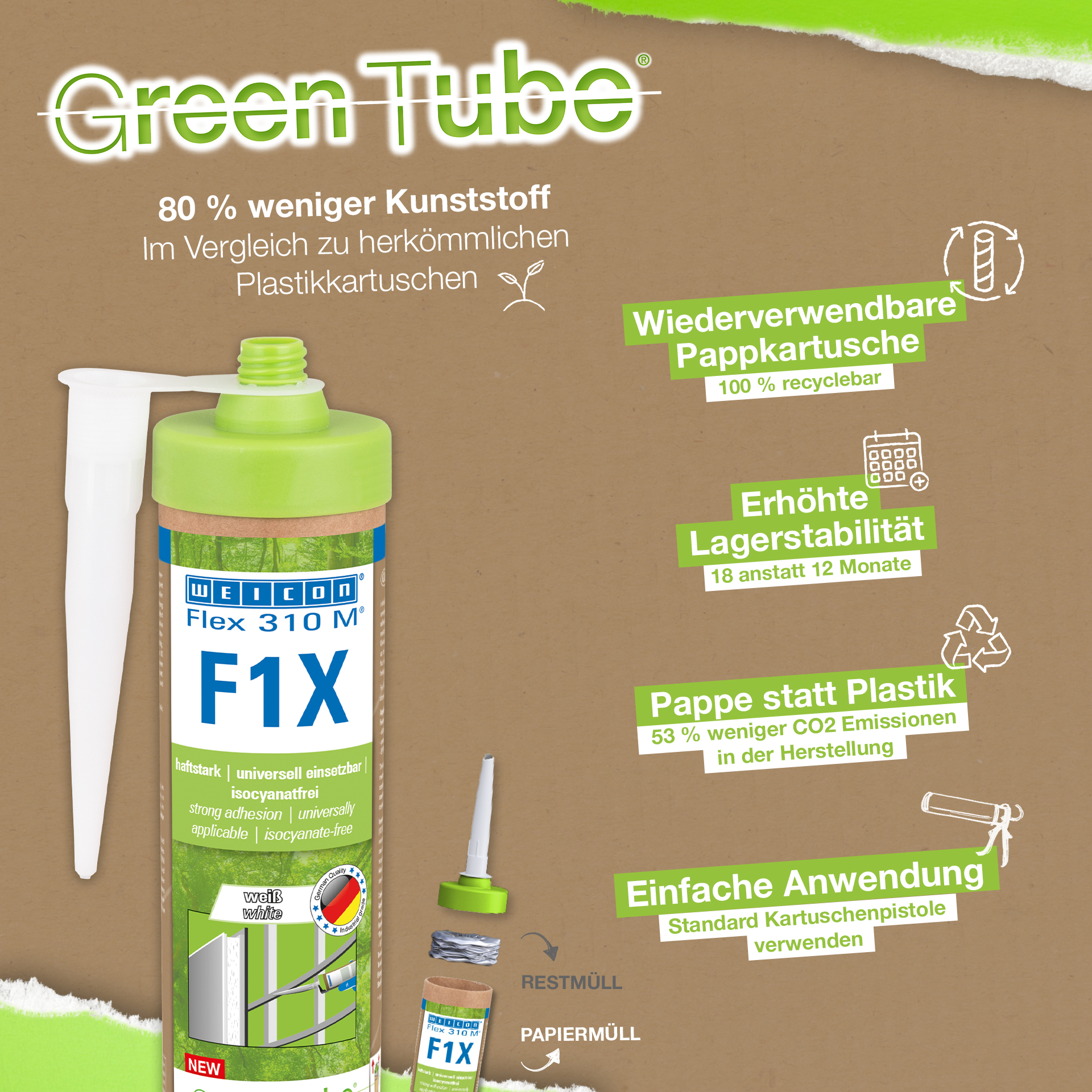 WEICON Green Tube Flex 310 M F1X | Lepidlo a tmel na báze MS-polymérov s veľmi vysokou počiatočnou priľnavosťou, odolné proti teplotám do 180 °C