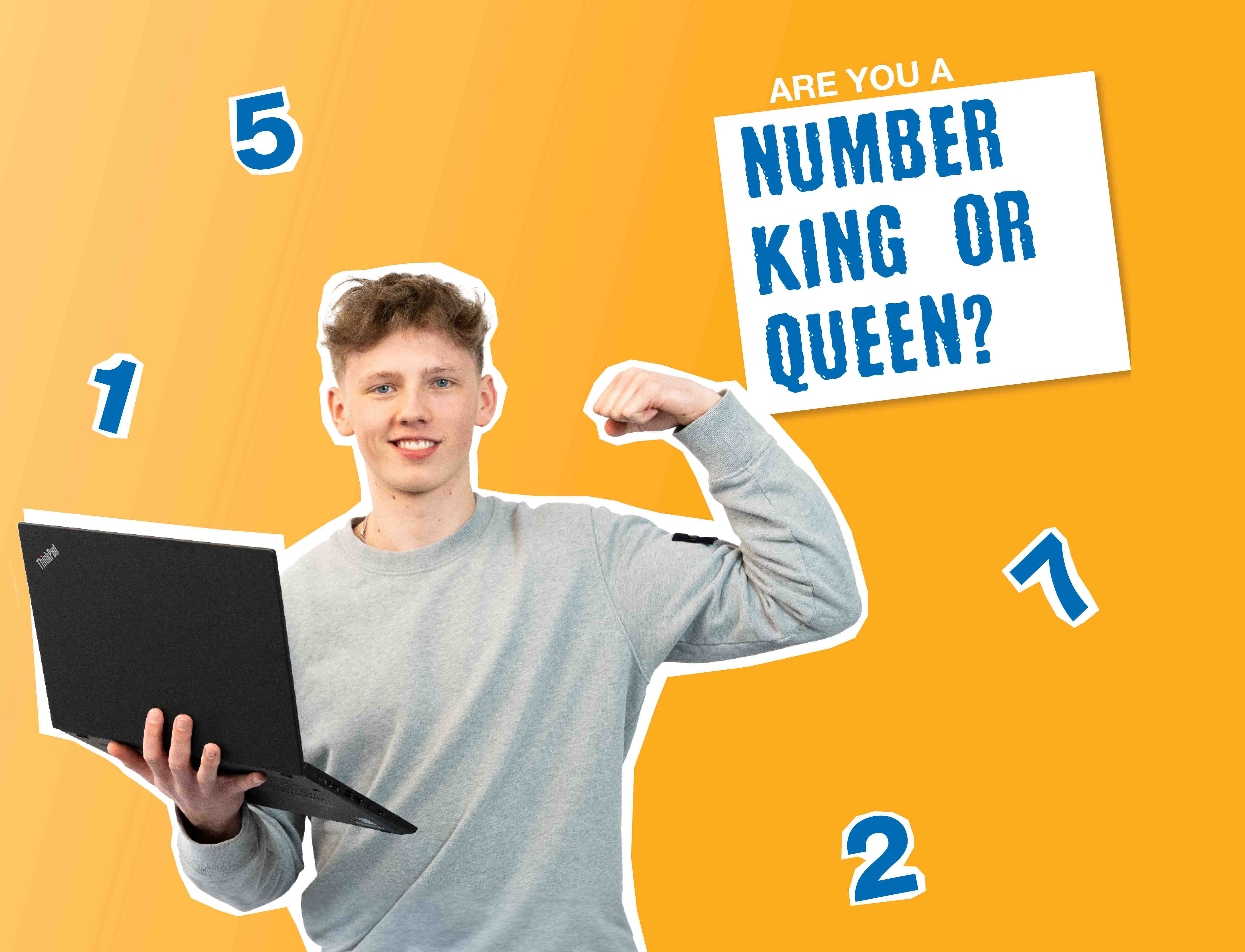 Mladenič z laptopom v roki, smehljajoč se, obkrožen s številkami, poleg njega napis »Si dober z številkami?«