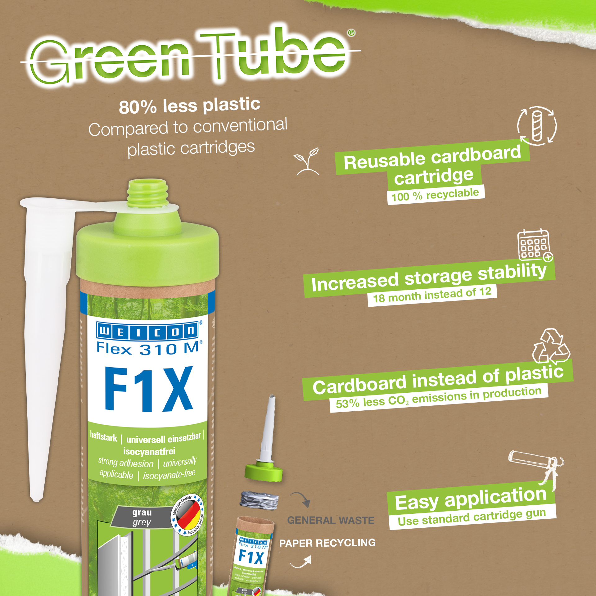 WEICON Green Tube Flex 310 M F1X | Lepidlo a tmel na báze MS-polymérov s veľmi vysokou počiatočnou priľnavosťou, odolné proti teplotám do 180 °C