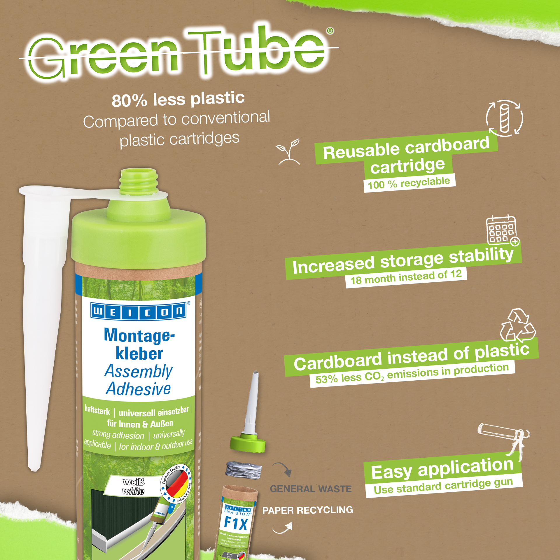 WEICON Green Tube Montážne lepidlo | silné univerzálne lepidlo na vnútorné aj vonkajšie použitie